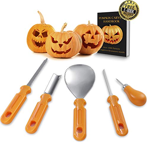Pumpkin Carving Kit - Professional Heavy Duty Stainless Steel Tool Set, Includes 5 Carving Tools, Used As a Carving Knife for Pumpkin Halloween Decoration