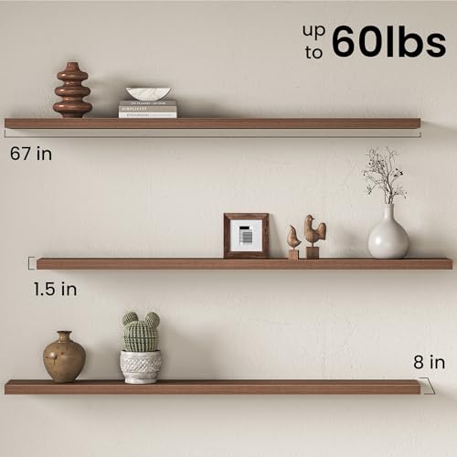 Image of Fun Memories 67Inch Long Floating Shelves, 8 Inch Deep Shelves for Bedroom|Living Room, Wall Mounted Wood Hanging Shelf with Invisible Brackets for Fireplace Mantel Home Storage Decor, Walnut - 1 Pack