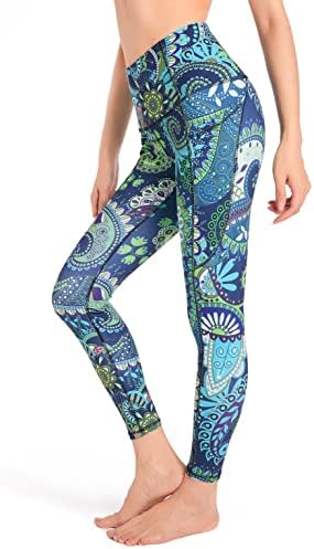 High Waisted Leggings, DOP Leggings with Pockets for Women High Waisted Printed Yoga Pants for Women Workout Leggings for Women with Side Pockets Running Athletic Compression Pants Paisley Teal L