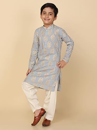 Image of KISAH Kid's Full Sleeves Cotton Blend Knee Length Printed Sky Blue Kurta Patiala Set (3-4Y)