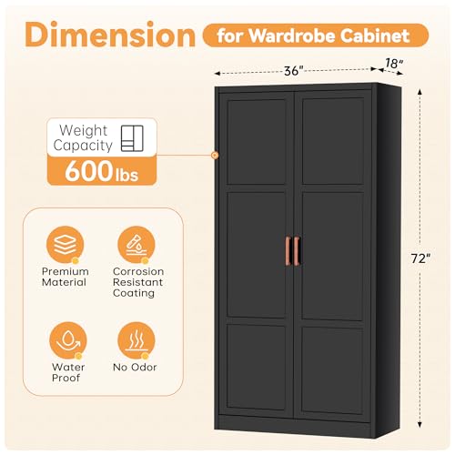 INTERGREAT Metal Wardrobe Cabinet with Hanging Rod, 72" H Metal Clothing Storage Cabinets with Adjustable Shelves and 2 Doors, Black Armoire Wardrobe Closet for Bedroom, Laundry Room, Cloak Room - Image 4