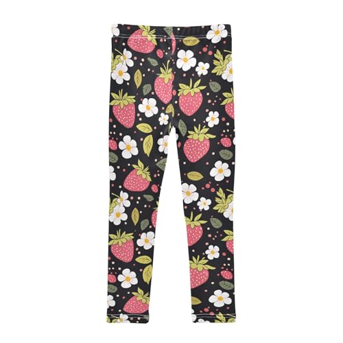 Wusikd Cute Pink Strawberries Girls' Leggings Toddler Doodles White Flowers Kids Yoga Pants Dance Active Tights 4T2