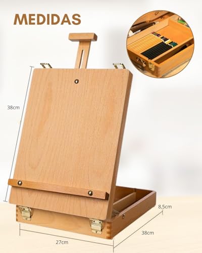 Caballete Pintura - Caballete Mesa de Madera de Haya con Caja de Almacenaje - Para Lienzos hasta 54 cm - Maletín Portátil para Niños, Principiantes y Artistas - imagen 4