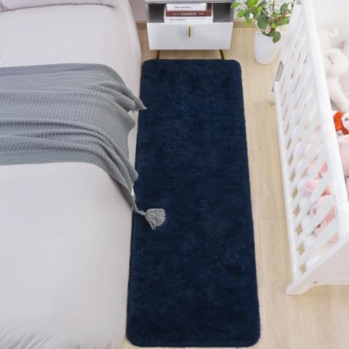 HOMORE 2'x6' Runner Rugs for Bedroom, Navy Blue Ruuner Rug for Hallway Entryway Laundry, Modern Shag Bedroom Runner Cute Carpets for Kids Dorm Bedside
