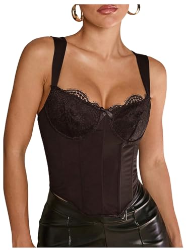 SOLY HUX Women's Lace Trim Corset Tops Sleeveless Shirts Party Elegant Going Out Tank Tops Coffee Brown Medium