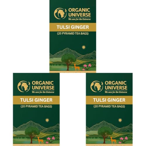 Image of ORGANIC UNIVERSE Premium Tulsi & Ginger Tea I Whole Leaf Tea | 20 Pyramid Herbal Tea Bags | Caffeine Free | 100% Organic Ingredients (Pack of 3)