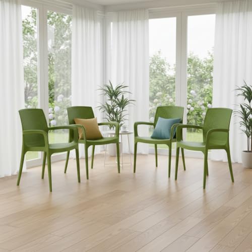 Image of Supreme Texas Heavy Duty Armrest Plastic Chair for Home, Garden, Office, Indoor /Outdoor Use|Color: Mehandi Green; Set of 4 Chairs