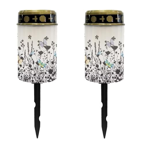 Image of Butterfly Floral Cemetery Solar Lights Water Resistant LED Flameless Candle Grave Lights Solar Powered Grave Decor Memorial Gift Outdoor Garden Decor Light for Prayer 2 Pcs