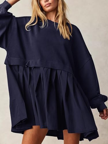Image of Dokuritu Sweatshirt Dress Women Crew Neck Long Sleeve Patchwork Pullover Tops Flowy Oversized Sweatshirt Mini Dress