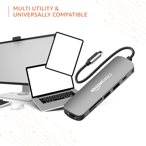 Image of Amazon Basics 6-in-1 Hub Multiport Adapter, USB Type-C with Aluminium Shell, HDMI 4K@60hz, 1xUSB 3.0, 1xUSB 2.0, 60W PD, SD /TF Card Reader for MacBook Pro, MacBook Air, Type-C Devices