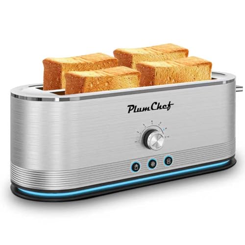 Image of Plum chef 4-Slice Toaster with Light Strip, Extra Long Slot Toaster, 7 Browning Settings, Defrost /Reheat Functions, Removable Crumb Tray, Stainless Steel Housing, Anti-Jam & Self-Centering