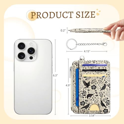 Image of Kelvoris Credit Card Holder Small Wallet Women, Slim RFID, Crow | Keychain, Zipper Coin Pocket, Front Pocket Thin Travel Card Case, Minimalist, 6 Card Slots, 1 ID Window, Ladies Gifts Woman
