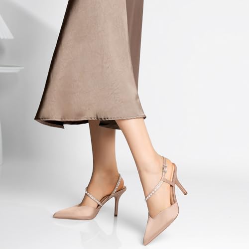 RINBONGZ Women's Pearl High Heels Pointed Closed Toe Wedding Shoes for Bride Stiletto Ankle Strap Satin Pumps Elegant Bridal Formal Party Evening Work Dress Shoes4