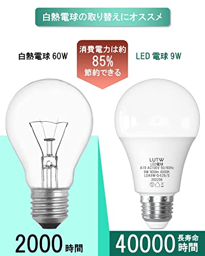 LUTW LED電球 E26口金 白色 9W 900lm 60W相当 4000K 220°広配光 高演色 密閉形器具対応 調光不可 6個入 LDA9W-G-E26/S [3]