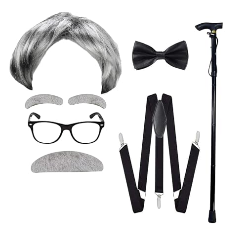 ATTBEA Old Man Costume Wig for Kids 100 Days of School Costume for Boys Old People Costume Set for Adults Men Halloween costume Grey