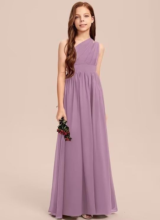 Junior Bridesmaid Dresses One Shoulder Chiffon Flower Girl for Teen Girls Long Wedding Party Dresses3