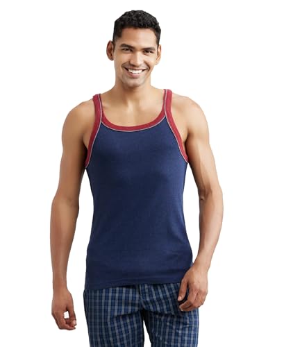 Image of Jockey US54 Men's Super Combed Cotton Rib Square Neckline Gym Vest with Back Panel Graphic Print (Shoulder Starp Color May Vary)