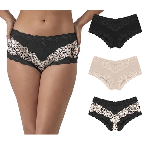 Maidenform Bragas Hipster de Encaje, Ropa Interior Sexy para Mujer, Paquete de 3, Estampado Almond/Black/Almond Allure, M