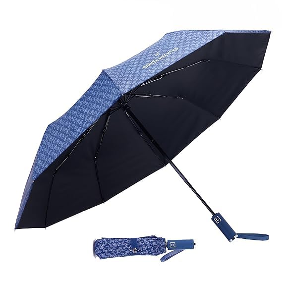 daniel hechter Paris Automatic Folding Umbrella for Men & Women, One-Touch Open & Close, Windproof Compact Travel, Blue Geometric Print Canopy with Matching Storage Sleeve-picture-28