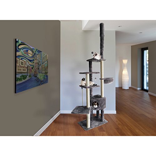 Image of Furhaven 100 inch-113 inch Tall Cat Tree for Indoor Cats w / Adjustable Height, Ft. Sisal Scratching Posts, Condo, & Toys - Tiger Tough Skyscraper Interactive Playground Tower - Gray, One Size