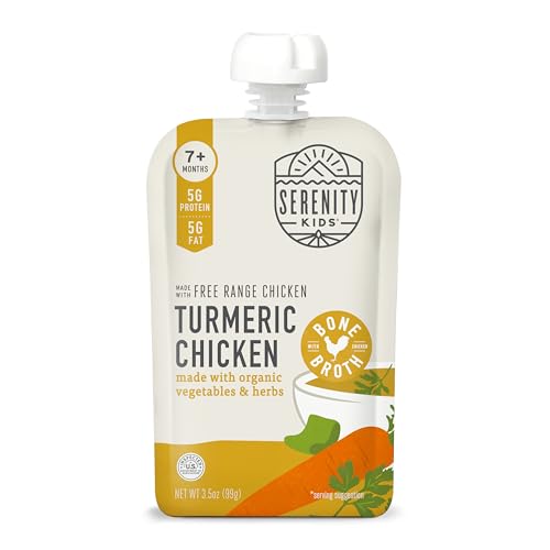 Serenity Kids Bone Broth Puree Made With Organic Veggies | Clean Label Project Purity Award Certified | 3.5 Ounce BPA-Free Pouch | Free Range Turmeric Chicken | 1 Count