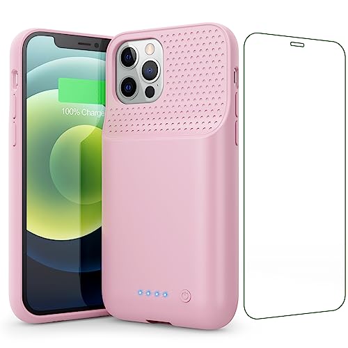 Feob Batterifodral för iPhone 12/12 Pro, 10 800 mAh batteriladdningsfodral, förlängt och laddningsbart fodral för iPhone 12/12 Pro (6,1 tum), rosa