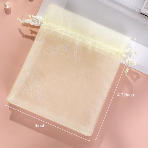 Image of Hopttreely 100pcs Organza Bags, 4''x4.72'' Pastel Yellow Satin Drawstring Organza Pouch Wedding Party Favor Gift Bag Jewelry Watch Bags