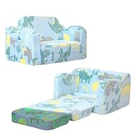 MeMoreCool Kids Couch Sofa, Folding Toddler Chair Bed, Soft Plush Fold Out Kids Armchair Sofa Glow in The Dark, Comfy Baby Recliner for Girls Boys, Glowing Dinosaur, Blue