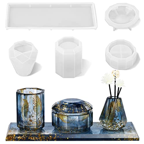 ISSEVE 4Pcs Resin Molds for Bathroom Accessories Set, Silicone Molds for Resin Casting - Toothbrush Holder Cup & Diffuser Bottle Mold, Tray Mold & Jar Mold with Lid Kit for Countertop Vanity Organizer ISSEVE 4Pcs Resin Molds for Bathroom Accessories Set, Silicone Molds for Resin Casting - Toothbrush Holder Cup & Diffuser Bottle Mold, Tray Mold & Jar Mold with Lid Kit for Countertop Vanity Organizer