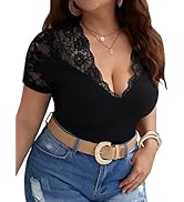 OYOANGLE Women's Plus Size Summer Short Sleeve Ribbed Blouses Lace Scallop V Neck Slim Fit Tops