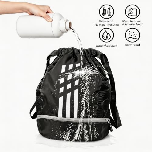 Image of Soccer Bag, Youth Drawstring Backpack for Volleyball Basketball Sports | with 1 Shoes Compartment 1 Wet&Dry Pocket 2 Side Mesh Pockets 2 Zipper Pockets Bag for Gym Training Swimming Back to School