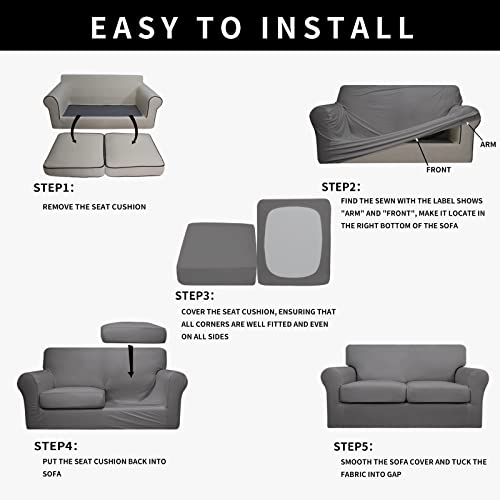 Image of Easy-Going Waterproof 3-Piece Loveseat Cover Couch Covers for Sofa | Stretch Spandex Sofa Cover Protector Bottom for 2 Cushion Couch Dog Pet Friendly Living Room Light Gray