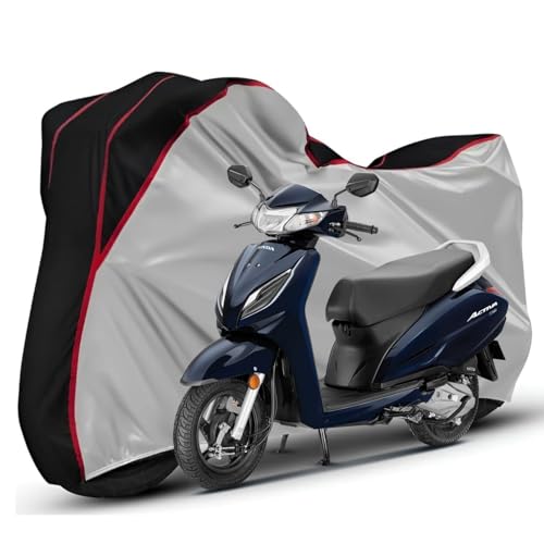 Image of Waterproof Bike Body Cover Compatible with Honda Activa 6g Dustproof Scratchproof - Motorcycle Cover for Two Wheeler, Outdoor Full Cover with UV, Duty, Rain Protection (Silver Top Black)