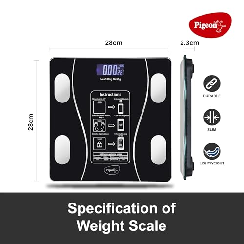 Image of Pigeon Ivory Smart BMI Weighing Machine for Body Weight with 18 Body Parameters Sync with Mobile App, Body fat Analyzer Machine, Weighing Scale with LCD Display, 36 Months Warranty, Black, 180 Kg