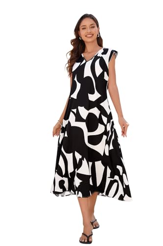 Ladybranch Womens 2026 Summer Flowy Midi Dress V Neck Ruffle Sleeve Abstract Geometric Print Patchwork Casual Beach Vacation Long Dress（XX-Large） Black and White