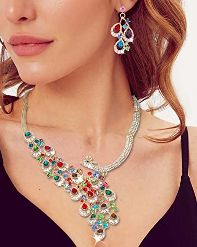 Campsis Gold Bride Wedding Statement Necklace Bridal Crystal Peacock Neckalce Earrings Jewelry Set for Women(Multicolor) - Image 4