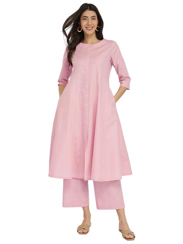 pink fort Women Casual Cotton Solid Button Detail Kurta Set | A-line 3/4th Sleeves Round Neck Kurta Ankle Length Flared Fit Elasticated Waist Pants | Pink-picture-28