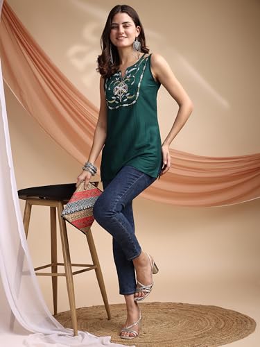 Image of EthnicJunction Women's Bottle Green Cotton Silk Yoke Embroidery Shoulder Strpe Straight Short Kurti | Regular Fit Kurti |Navratri speical Kurti