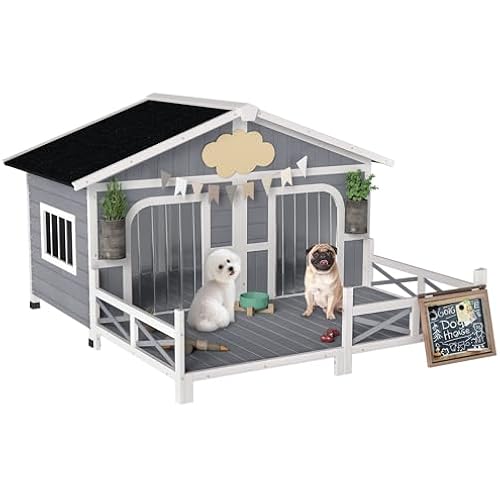 PawHut Dog House Outdoor, Wooden Dog Kennel Weatherproof with Porch, Openable Roof, Removable Bottom, Elevated Floor, Double Room for 2 Small to Medium Breeds, Gray | Wooden Dog Kennel, Porch, Openable Roof, Removable Bottom, Elevated Floor, Double Room