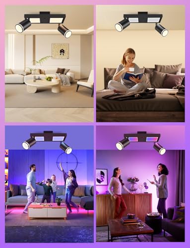 YindaLux Lampa sufitowa LED, 2 ściemnialne reflektory z pilotem, RGB 17 W 2300 lm, obrotowe reflektory sufitowe GU10, czarna lampa sufitowa z dolnym blaskiem 7 W + 2 x 5 W, GU10, do salonu, kuchni