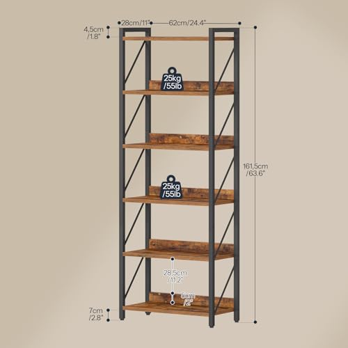Image of HOOBRO Bookshelf, 6-Tier Industrial Bookcase, Book Shelf Storage Organizer, Tall Bookshelf with Metal Frame for Living Room, Bedroom, Home Office, Kitchen, Rustic Brown and Black BF726SJ01