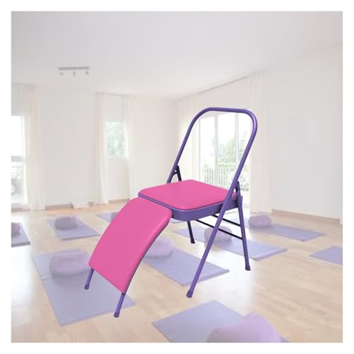 MZZKFC Double Beam Yoga Auxiliary Foldable Chair with PU Cushion, Purple Yoga Chair with Removable Waist Support, Yoga Equipment for Yoga Studios/Gyms/Home