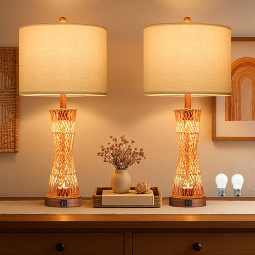 Image of OYEARS 27 inch Table Lamps Set of 2 with Rattan & Dual Lights, Boho Lamps for Nightstands, Bedside Lamps for Bedroom, Nightstand Lamp for Living Room, Farmhouse Table Lamp for Office & Study