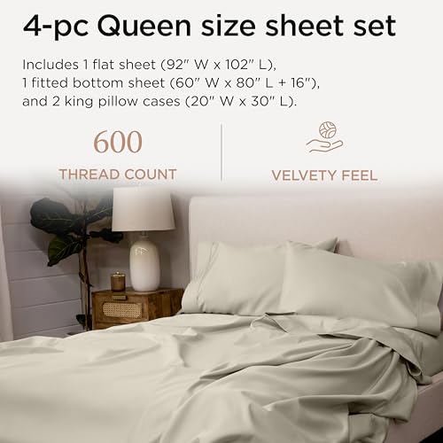 Image of Threadmill Queen Sheet Set | 600 Thread Count Queen Bed Sheets for Queen Mattress with 16 inch Deep Pocket | Sateen Weave 4-Piece Bedding Set with Cooling Effect | Taupe