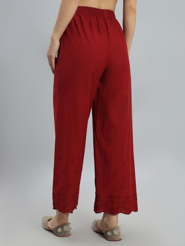 Image of GO COLORS Women Cotton Hakoba Wide Pant Ankle Length, Floral Embroidery, Relaxed Fit, Mid-Rise with Side Pocket