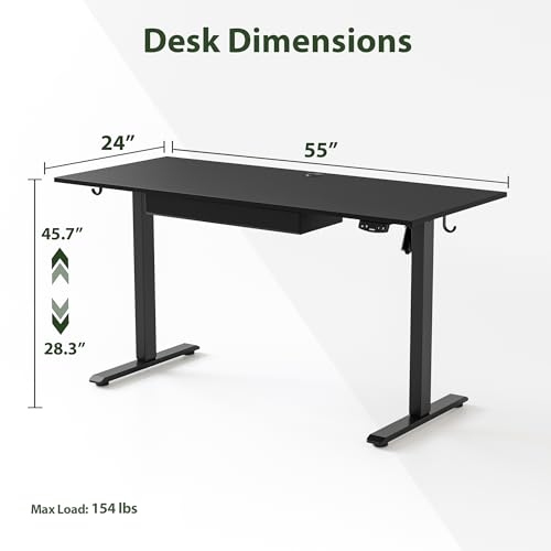 Image of Agilestic Adjustable Height Electric Standing Desk with Storage Wooden Drawer, 55 x 24 Inches Stand Up Home Office Computer Gaming Table with Splice Board for Work Office Home, Black