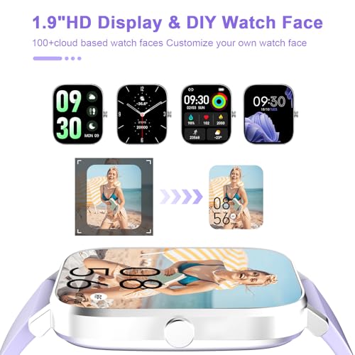TORJALPH Smart Watch for Men Women Compatible with iPhone Samsung Android Phone 1.69 inch Full Touch Screen IP68 Waterproof Bluetooh Fitness Tracker Heart Rate/Sleep Monitor (Light Purple)