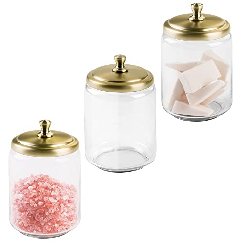 Mdesign Small Modern Apothecary Storage Organizer Canister Jars - Glass Containers For Bathroom, Organization Holder For Vanity, Counter, Makeup Table, Hyde Collection, 3 Pack, Clear/Soft Brass #TOP16