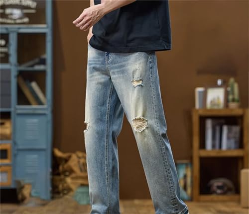 Men's Ripped Jeans Loose Fit Distressed Wide Leg Hollow Out Vintage Motorcycle Denim Pants Trousers3