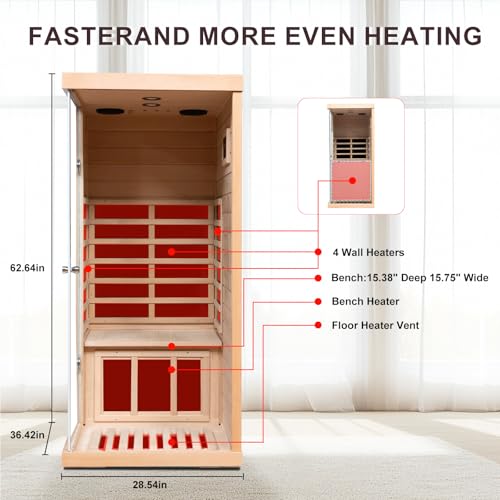 LTCCDSS Infrared Sauna, 1 Person Far Infrared Sauna for Home, with 1060W Indoor Sauna with Bluetooth Speakers, LED Reading Lamp, Red Lamp, 2 Tempered Glass Door, Hemlock Wood Sauna Room Left Door - Image 6